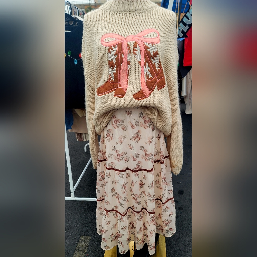 Floral Beige Skirt, with beige cowboy sweater.